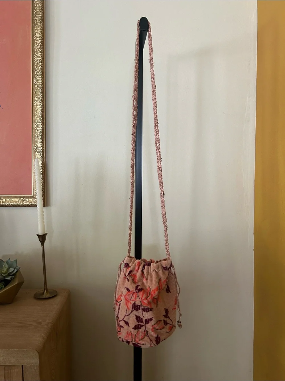 Free People Velvet Moon Crossbody Bag Drawstring Pink Floral Boho Festival